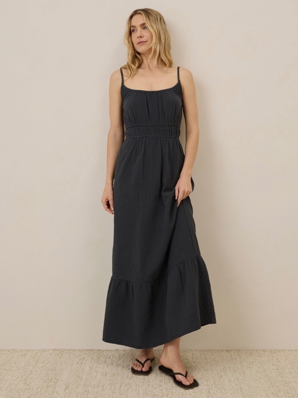 Pact Coastal Double Gauze Black Cotton Maxi Dress Spaghetti Straps